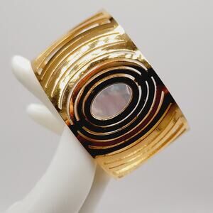 Gold Tone Open Work Cuff Bracelet w/ Mother of Pearl Center